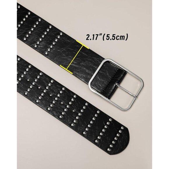 Women\'s Chunky Dress Thick Wide Studded Belts Black Silver Buckle PU Leather